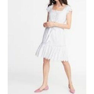 Old Navy White Embroidered Eyelet Dress With Ruffled Sleeves & Tie-Belt  Medium